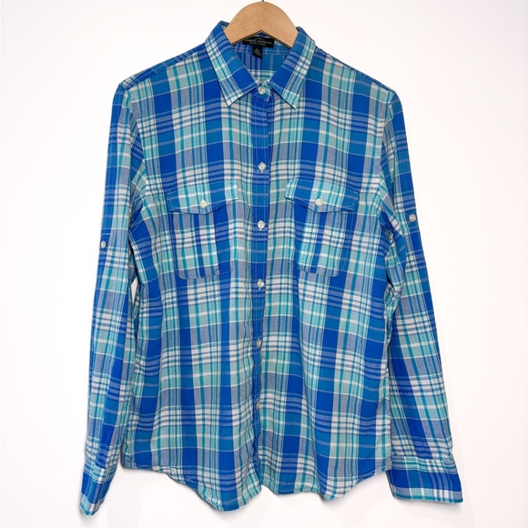 LRL Lauren Jeans Co Blue Plaid Classic Button Front Shirt Women’s Size Large - Picture 1 of 4